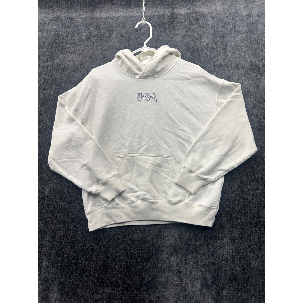 Hollister Hoodie Mens XS Beige Logo Fleece Lined Ribbed Boxy Fit Kangaroo Pocket